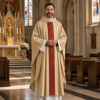 Casula Sacerdotale in Puro Lino con Gallone Rosso