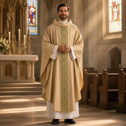 Casula Sacerdotale in Puro Lino con Gallone Verde