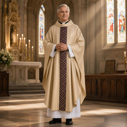 Casula sacerdotal em linho puro com galão moderno roxo