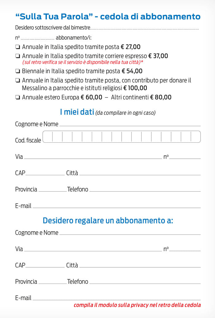 Abbonamento "Sulla Tua Parola" - Altri continenti