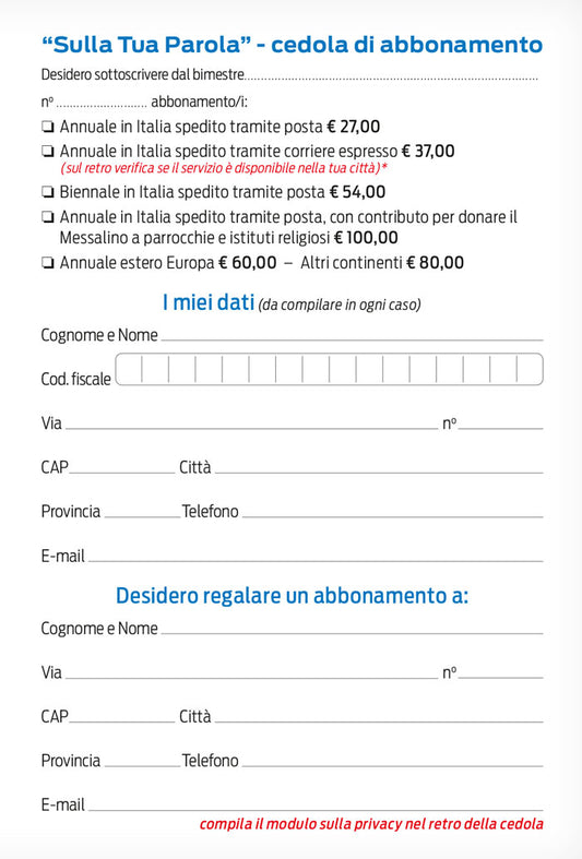 Abbonamento "Sulla Tua Parola" Italia, spedito con Poste Italiane