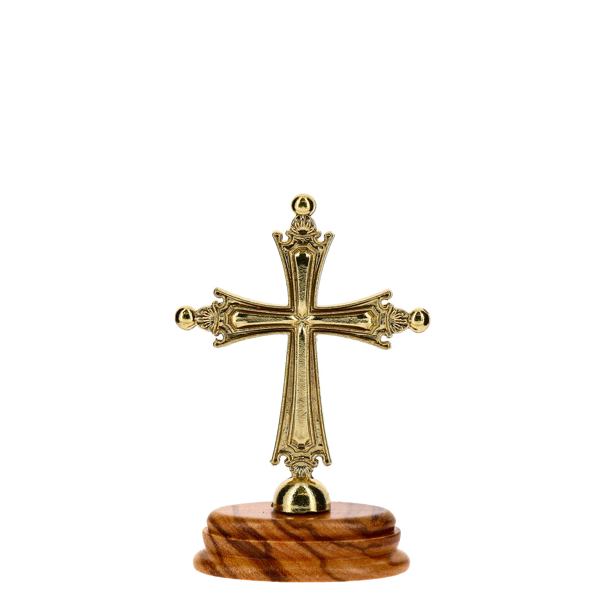 Pope Leo XIV gold-colored metal cross 6,5x4,5cm with olive wood base