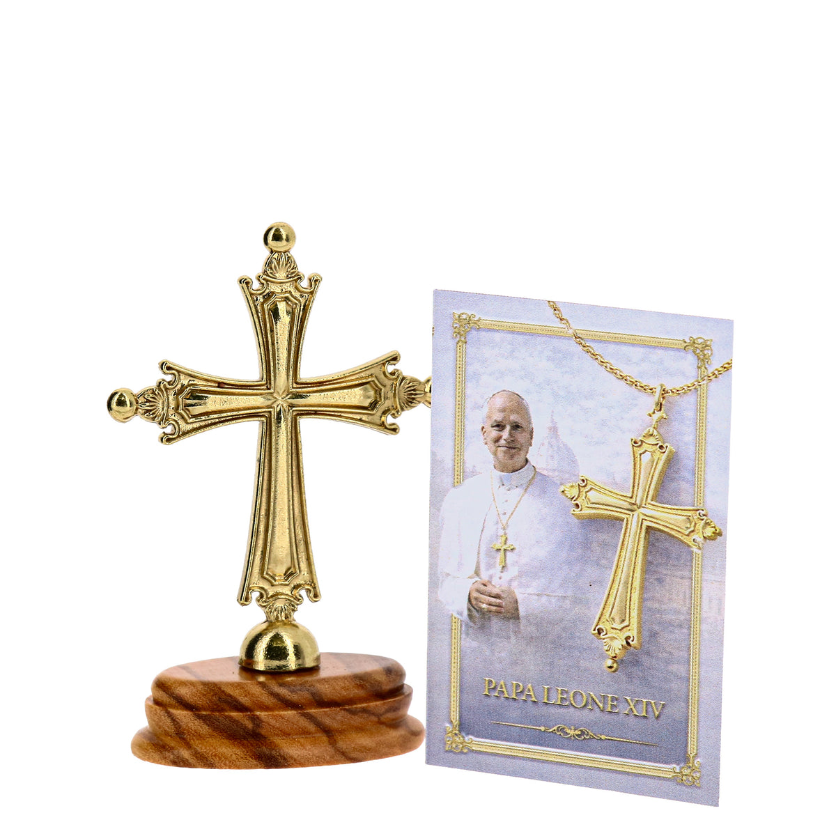 Pope Leo XIV gold-colored metal cross 6,5x4,5cm with olive wood base