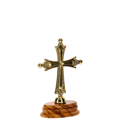 Pope Leo XIV gold-colored metal cross 6,5x4,5cm with olive wood base