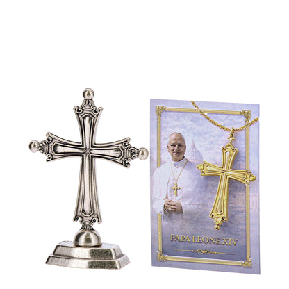 Croce Papa Leone XIV in metallo ox 6,5x4,5cm CON BASE