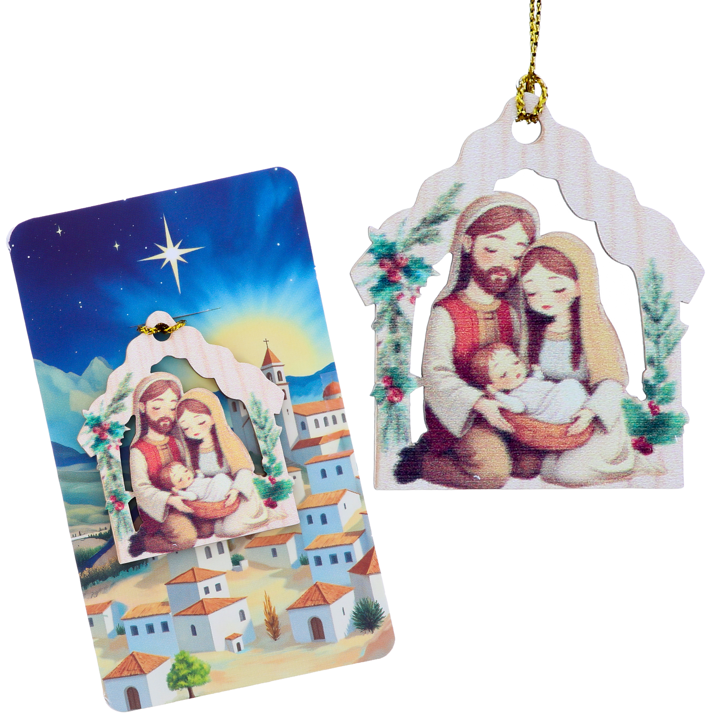 Decorazione Natalizia in legno con immagine Sacra Famiglia. Dimensioni confezione 7x11,5 cm