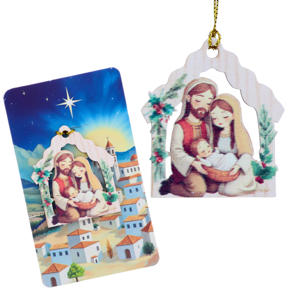 Decorazione Natalizia in legno con immagine Sacra Famiglia. Dimensioni confezione 7x11,5 cm