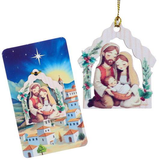 Decorazione Natalizia in legno con immagine Sacra Famiglia. Dimensioni confezione 7x11,5 cm
