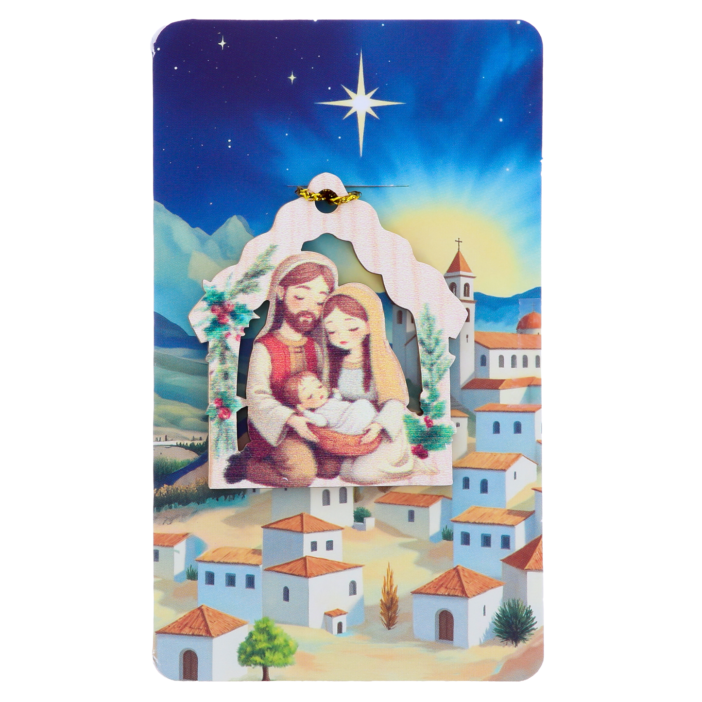 Decorazione Natalizia in legno con immagine Sacra Famiglia. Dimensioni confezione 7x11,5 cm
