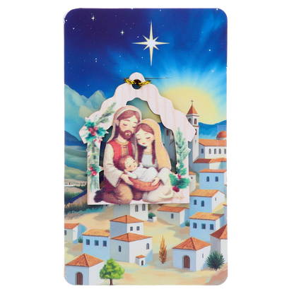 Decorazione Natalizia in legno con immagine Sacra Famiglia. Dimensioni confezione 7x11,5 cm
