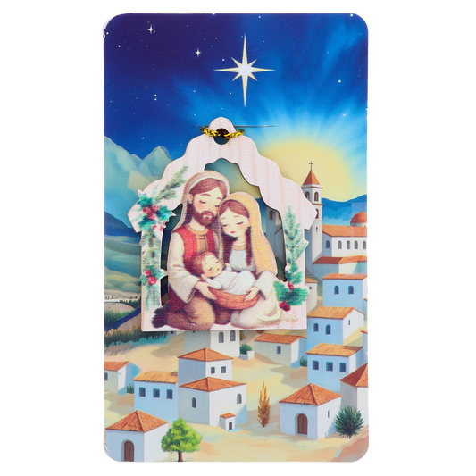 Decorazione Natalizia in legno con immagine Sacra Famiglia. Dimensioni confezione 7x11,5 cm
