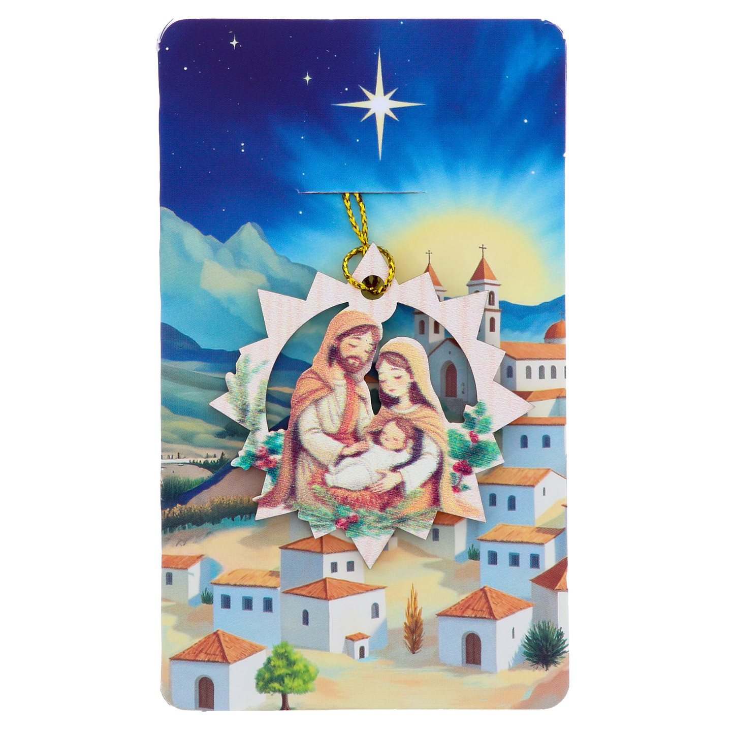 Decorazione Natalizia in legno con immagine Sacra Famiglia. Dimensioni confezione 7x11,5 cm