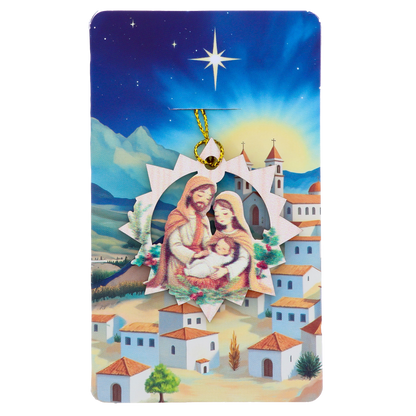 Decorazione Natalizia in legno con immagine Sacra Famiglia. Dimensioni confezione 7x11,5 cm
