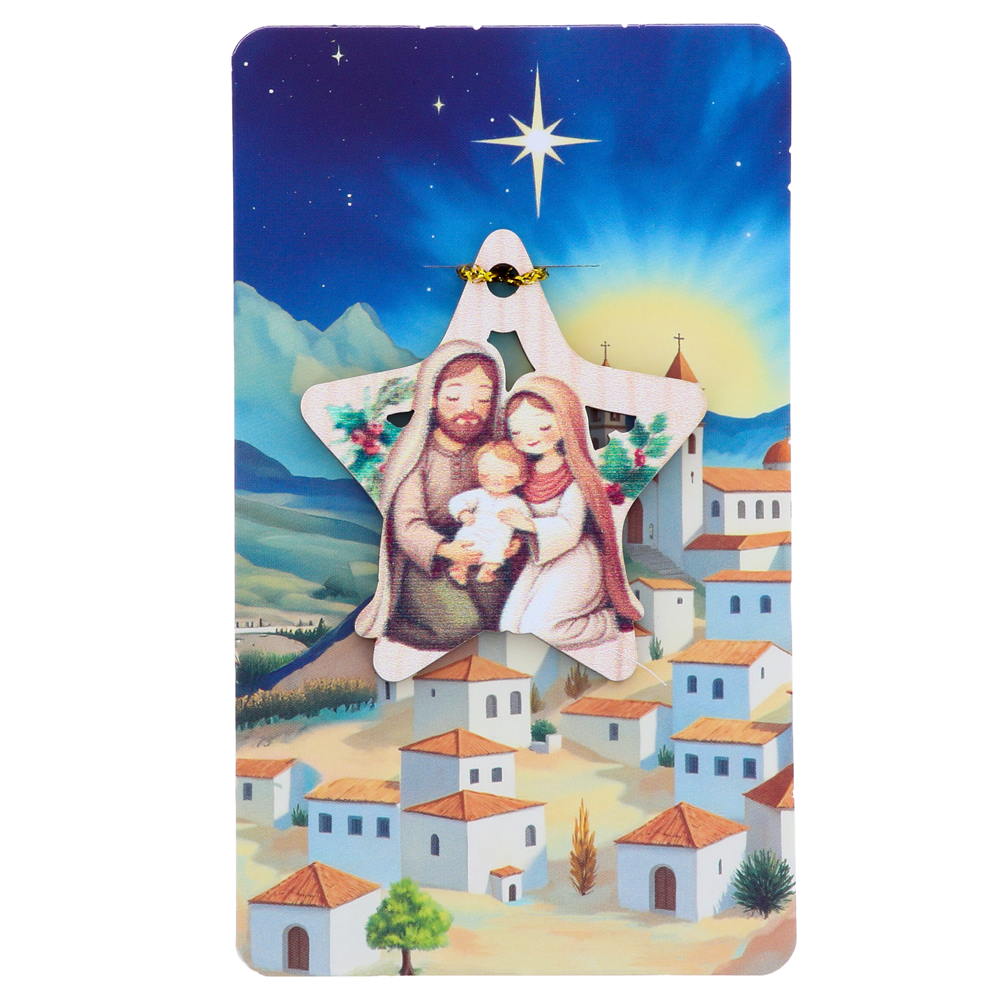 Decorazione Natalizia in legno con immagine Sacra Famiglia. Dimensioni confezione 7x11,5 cm