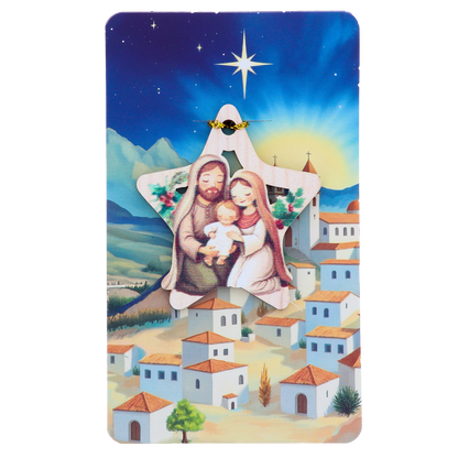 Decorazione Natalizia in legno con immagine Sacra Famiglia. Dimensioni confezione 7x11,5 cm