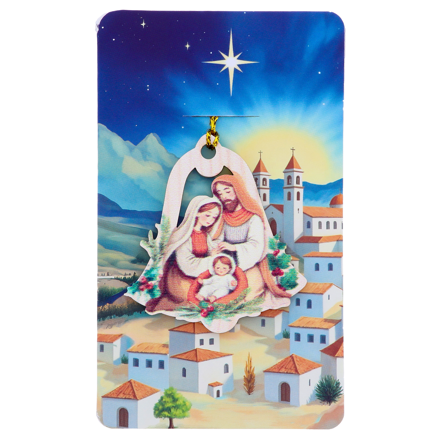 Decorazione Natalizia in legno con immagine Sacra Famiglia. Dimensioni confezione 7x11,5 cm