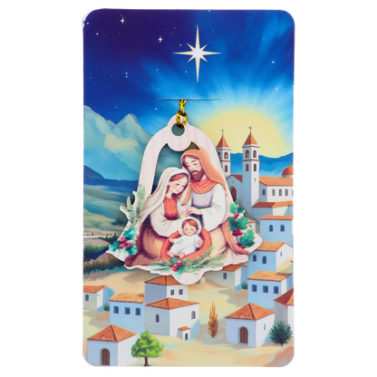 Decorazione Natalizia in legno con immagine Sacra Famiglia. Dimensioni confezione 7x11,5 cm