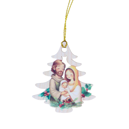 Decorazione Natalizia in legno con immagine Sacra Famiglia. Dimensioni confezione 7x11,5 cm