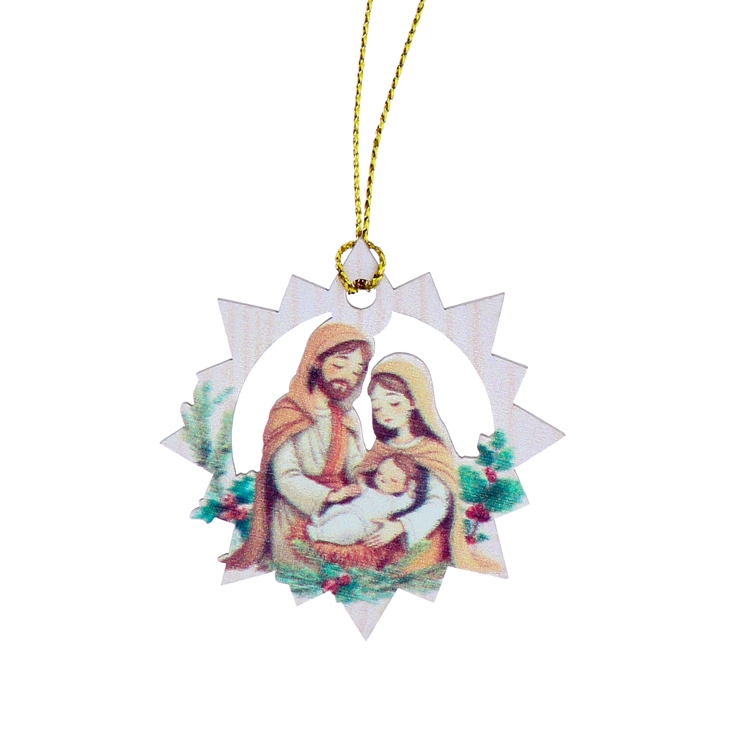 Decorazione Natalizia in legno con immagine Sacra Famiglia. Dimensioni confezione 7x11,5 cm