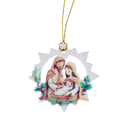 Decorazione Natalizia in legno con immagine Sacra Famiglia. Dimensioni confezione 7x11,5 cm