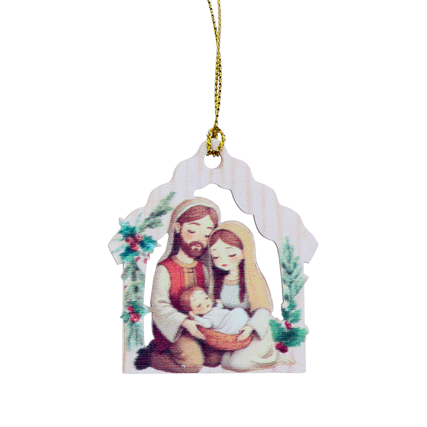 Decorazione Natalizia in legno con immagine Sacra Famiglia. Dimensioni confezione 7x11,5 cm