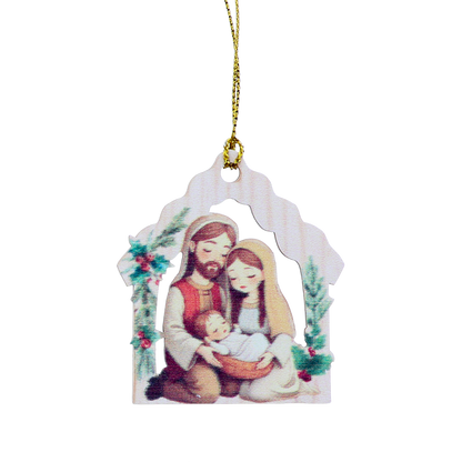 Decorazione Natalizia in legno con immagine Sacra Famiglia. Dimensioni confezione 7x11,5 cm