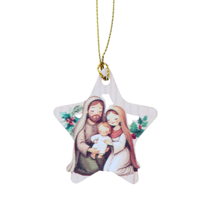 Decorazione Natalizia in legno con immagine Sacra Famiglia. Dimensioni confezione 7x11,5 cm