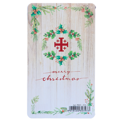 Decorazione Natalizia in legno con immagine Sacra Famiglia. Dimensioni confezione 7x11,5 cm