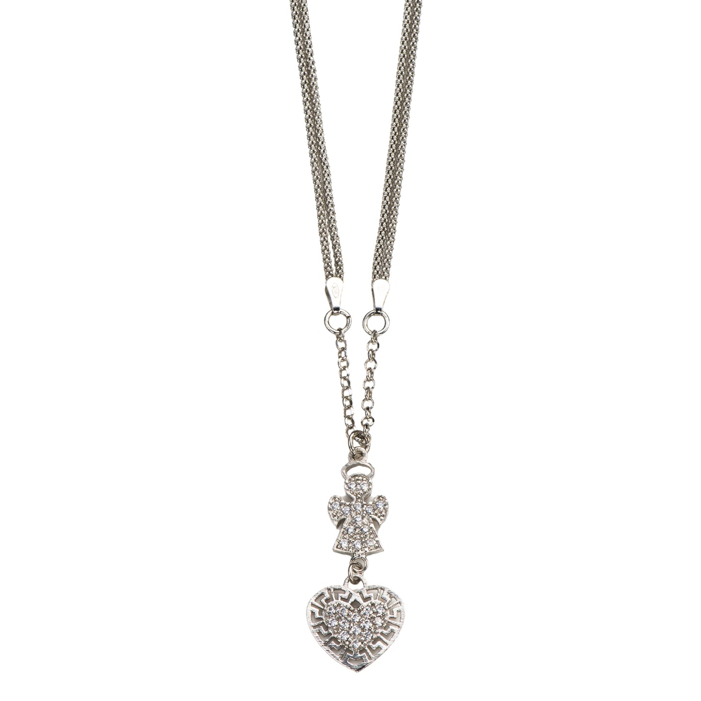 Collana doppia maglia coreana cuore a Angelo con zirconi  in argento 925 rodiato. Lunghezza 42+3 cm.