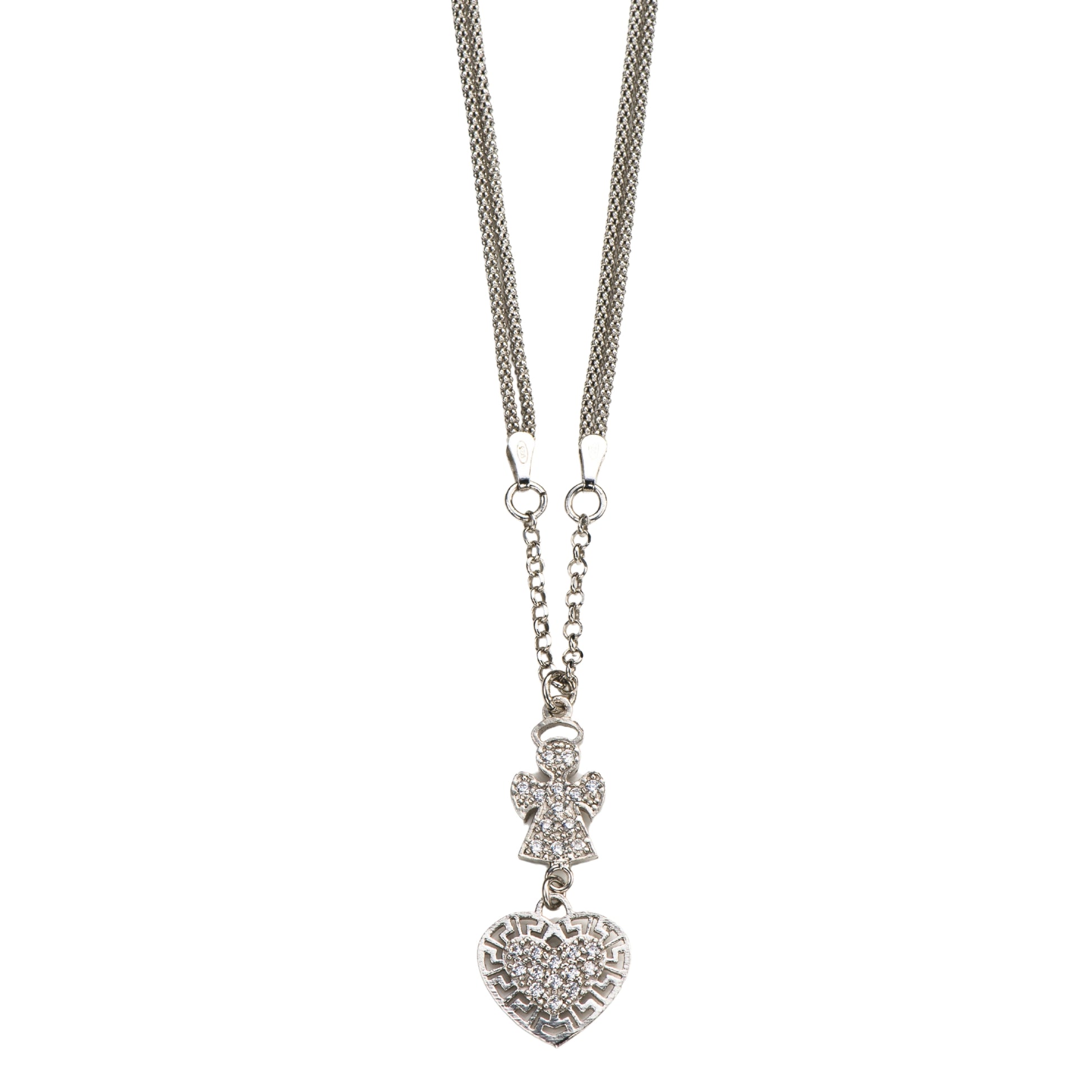 Collana doppia maglia coreana cuore a Angelo con zirconi  in argento 925 rodiato. Lunghezza 42+3 cm.