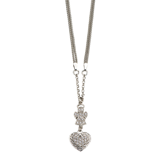 Collana doppia maglia coreana cuore a Angelo con zirconi  in argento 925 rodiato. Lunghezza 42+3 cm.