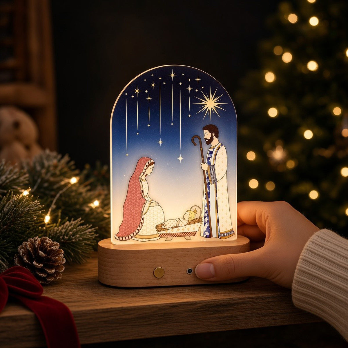 Lampada Presepe in Plexiglass LED con Sacra Famiglia