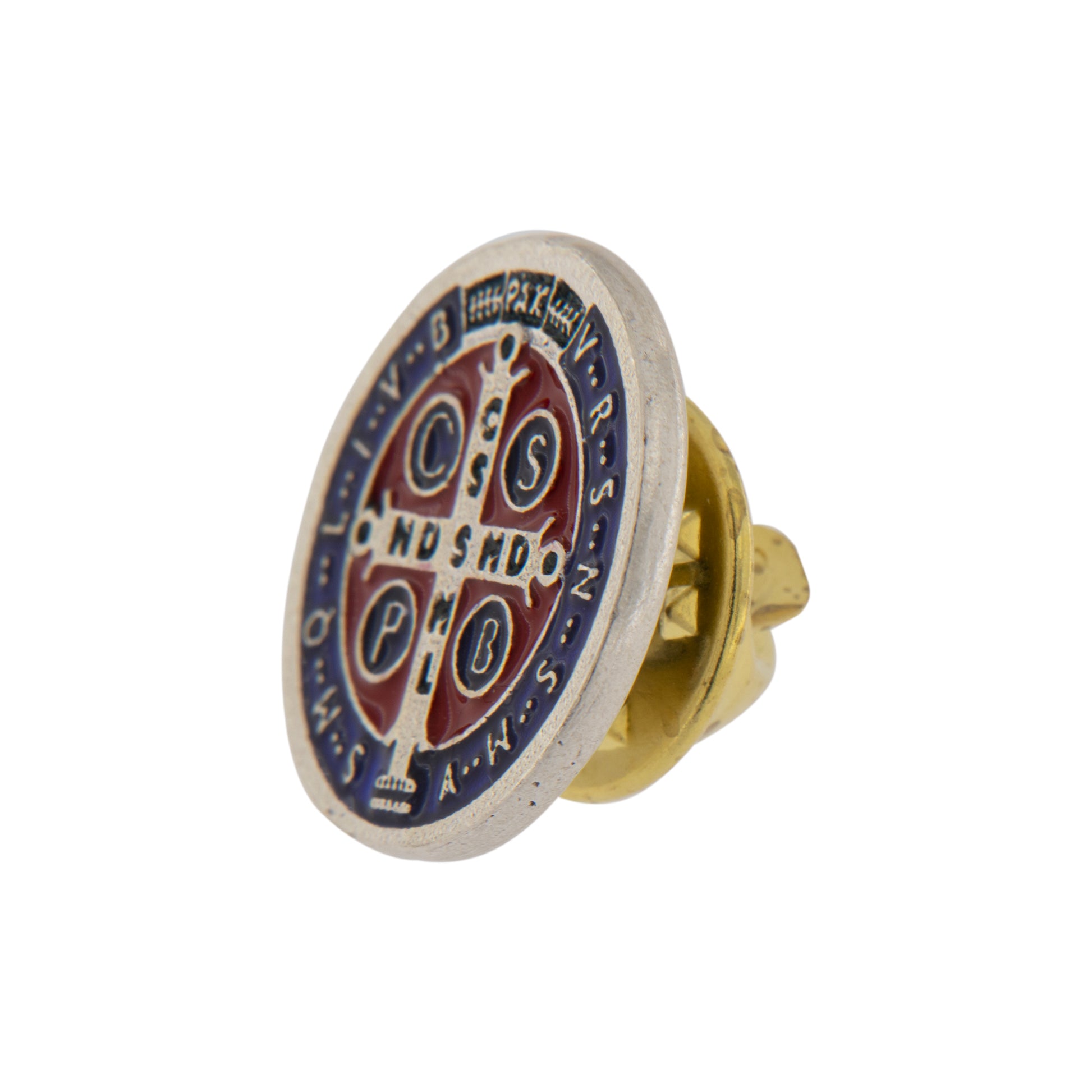Spilla San Benedetto smaltata con confezione e cartoncino. Diametro 1,6 cm