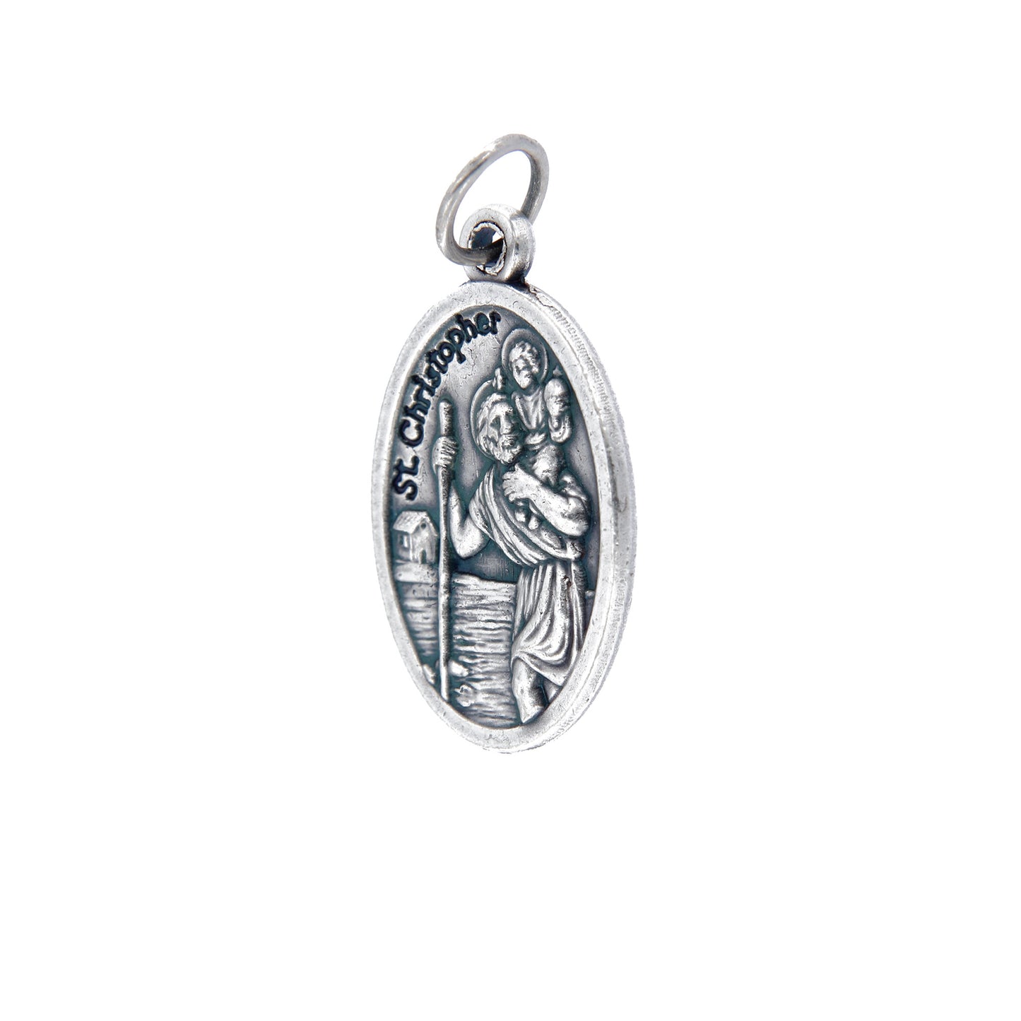Medaglia San Cristoforo e retro croce, in zama. Altezza 2,2 cm