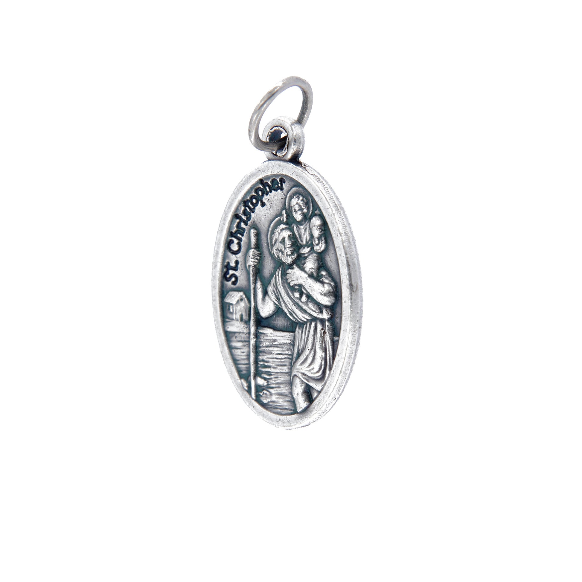Medaglia San Cristoforo e retro croce, in zama. Altezza 2,2 cm