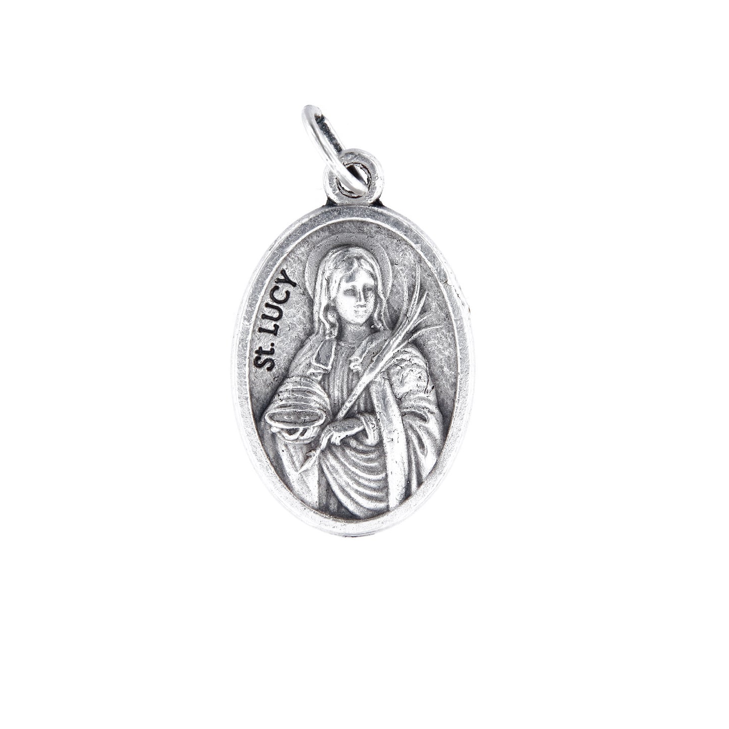 Medaglia Santa Lucia e retro croce, in zama. Altezza 2,2 cm