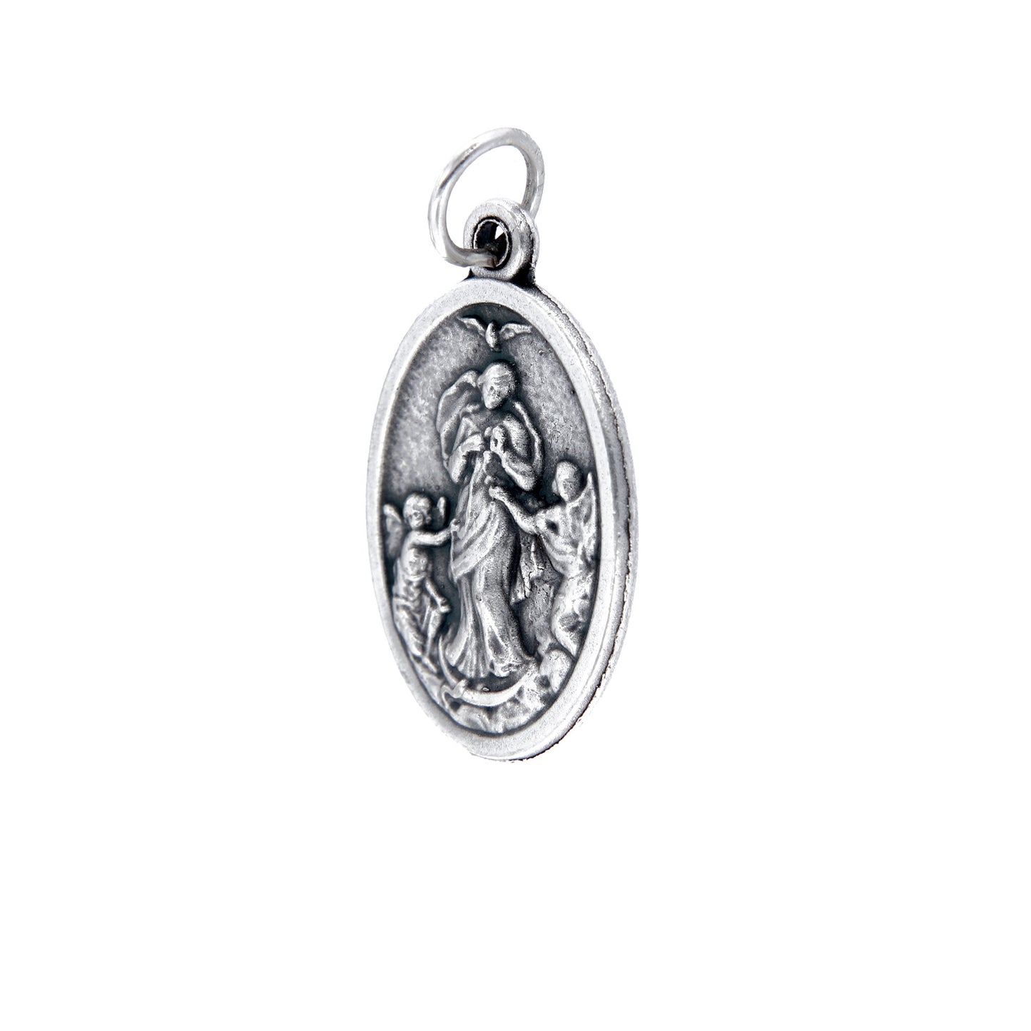 Medaglia Maria che scioglie i nodi e retro croce, in zama. Altezza 2,2 cm