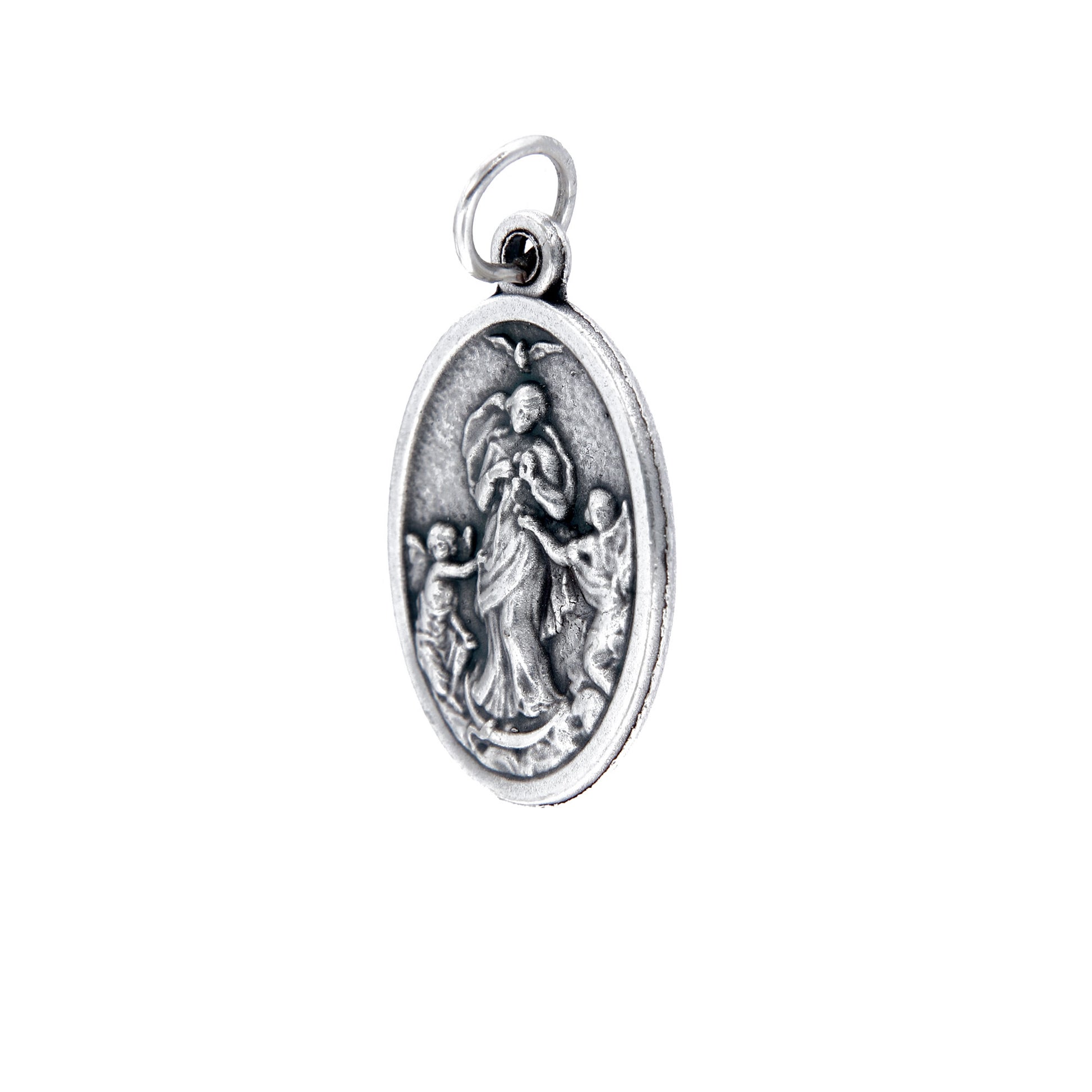 Medaglia Maria che scioglie i nodi e retro croce, in zama. Altezza 2,2 cm