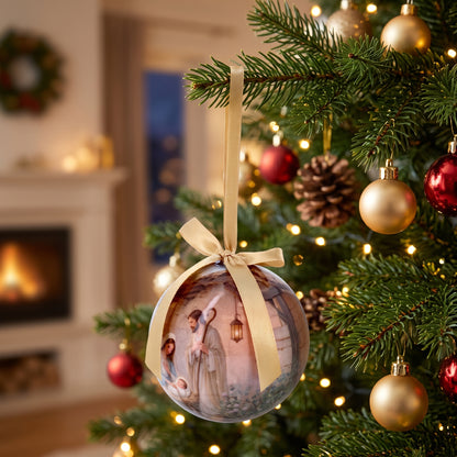 Bola de Natal com presépio em embalagem. Diâmetro 7,5 cm