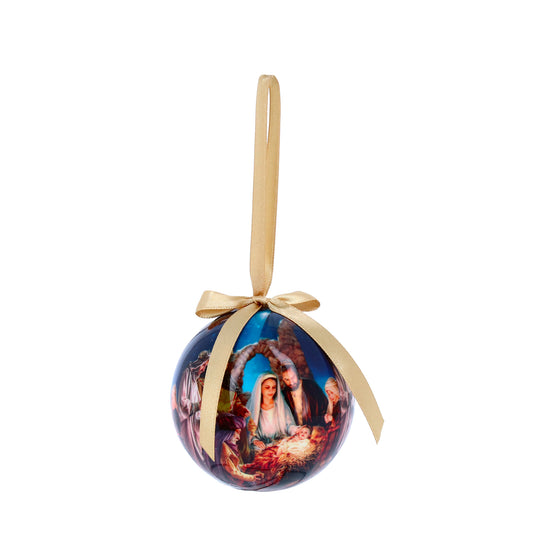 Bola de Natal com presépio em embalagem. Diâmetro 7,5 cm