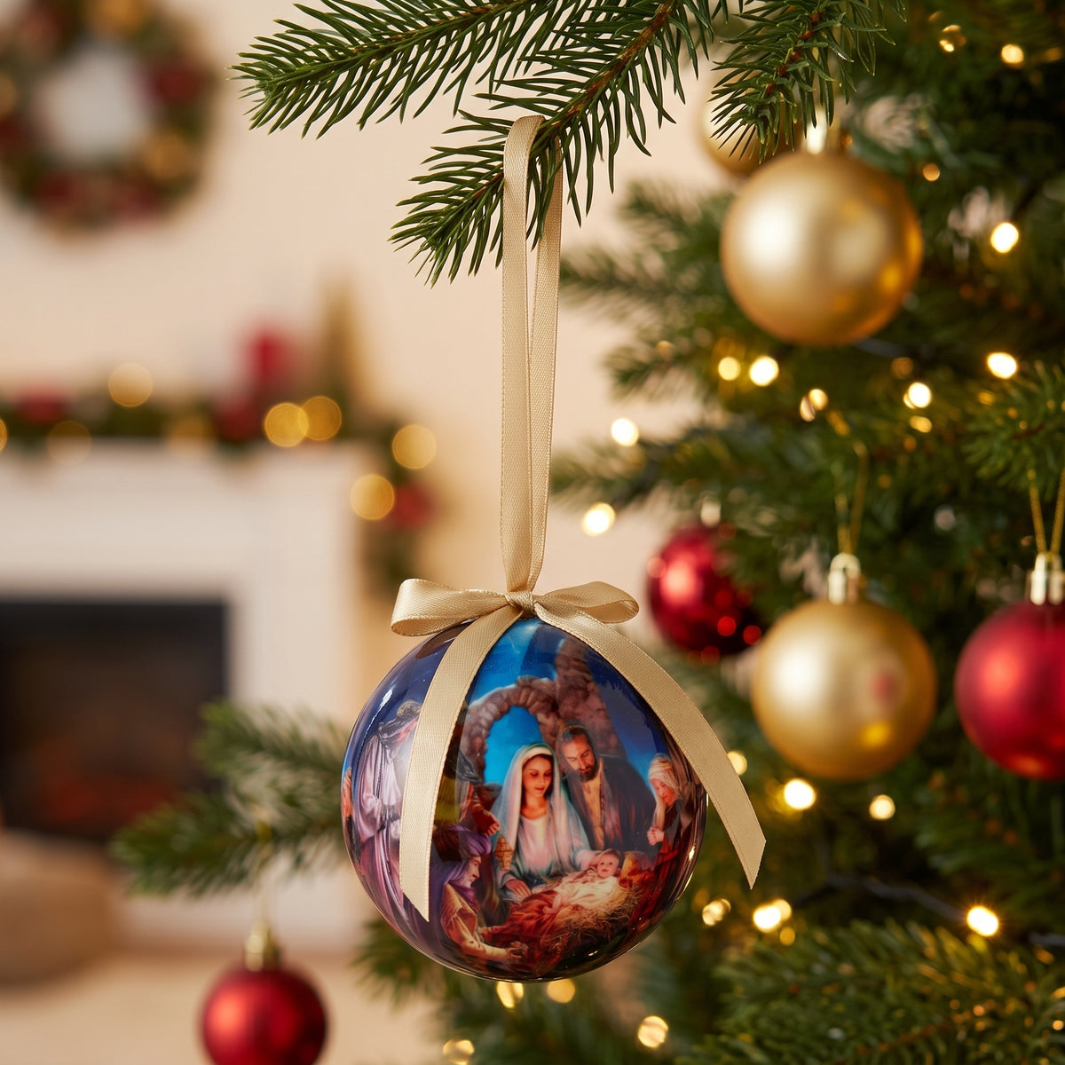 Bola de Natal com presépio em embalagem. Diâmetro 7,5 cm