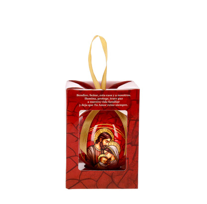 Weihnachtskugel mit der Heiligen Familie in Verpackung. Durchmesser 7,5 cm