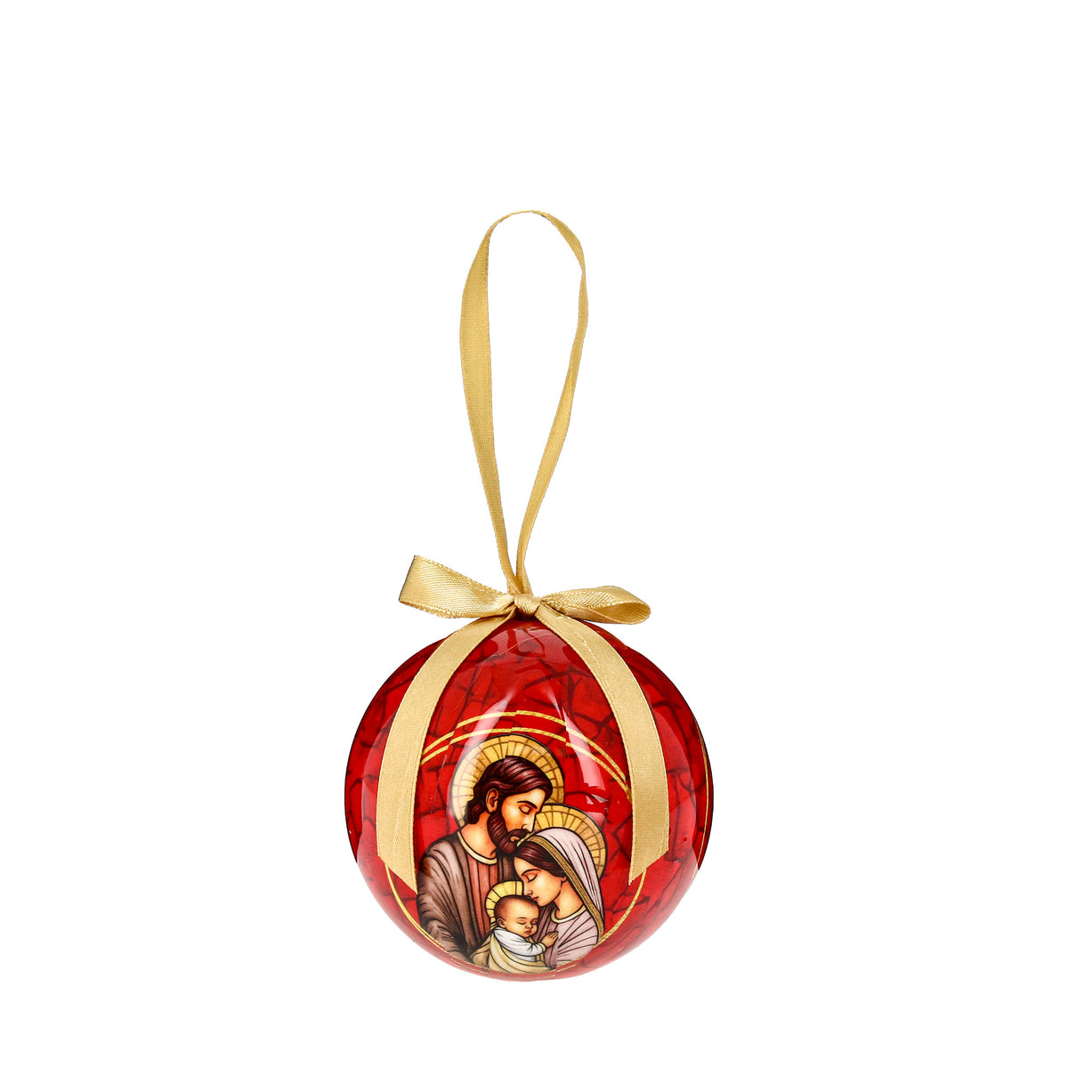 Weihnachtskugel mit der Heiligen Familie in Verpackung. Durchmesser 7,5 cm