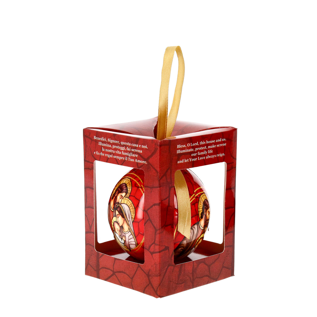 Weihnachtskugel mit der Heiligen Familie in Verpackung. Durchmesser 7,5 cm