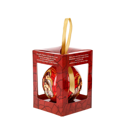 Weihnachtskugel mit der Heiligen Familie in Verpackung. Durchmesser 7,5 cm