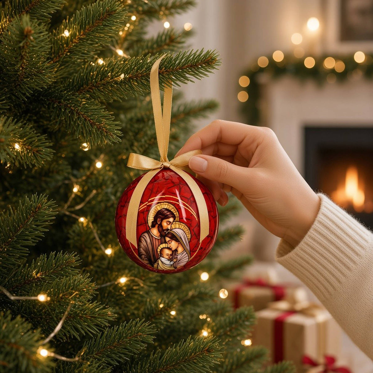 Weihnachtskugel mit der Heiligen Familie in Verpackung. Durchmesser 7,5 cm
