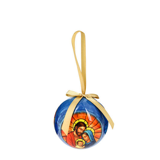 Christmas bauble with the Holy Family in packaging. Diameter 7,5 cm