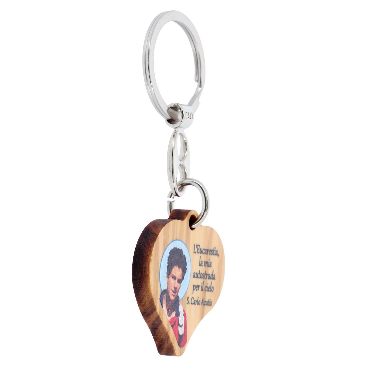 Portachiavi a forma di cuore con immagine St. Carlo Acutis. Dimensioni 4x4 cm
