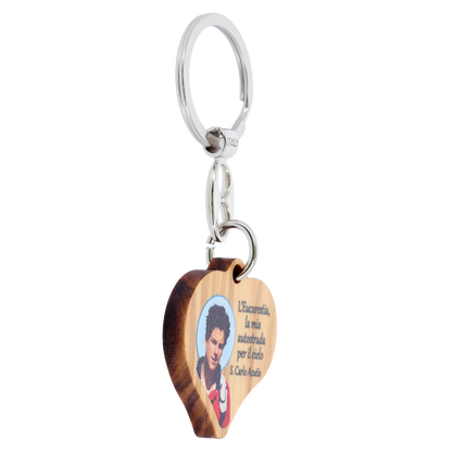 Portachiavi a forma di cuore con immagine St. Carlo Acutis. Dimensioni 4x4 cm