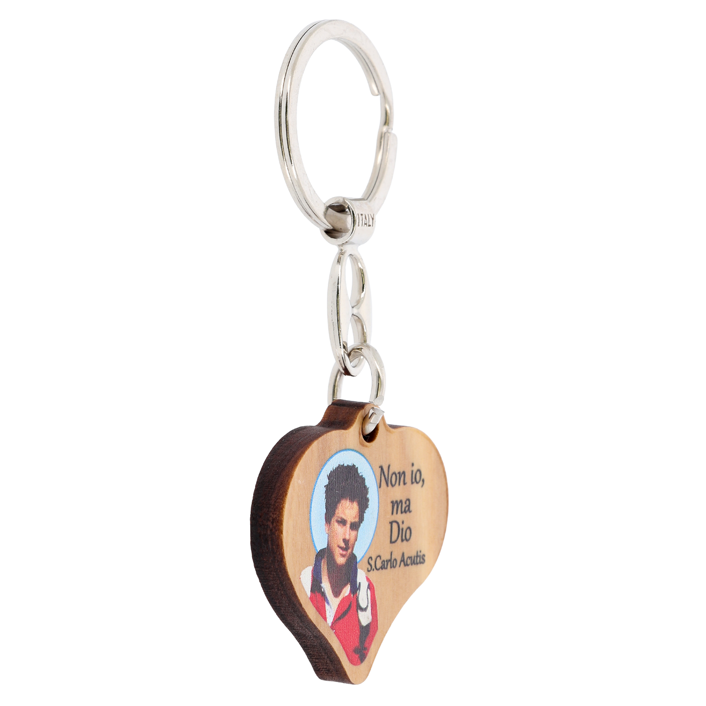 Portachiavi a forma di cuore con immagine St. Carlo Acutis. Dimensioni 4x4 cm